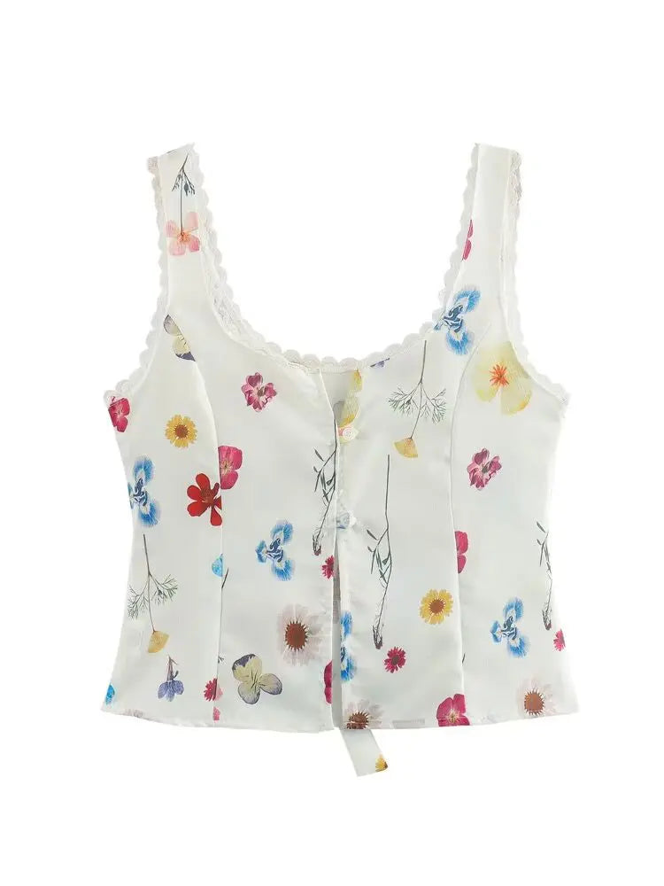 Women's Square Collar Lace-Up Slim Fit Top and Single Breasted A-Line Midi Skirt Two-Piece Set with Feminine Print