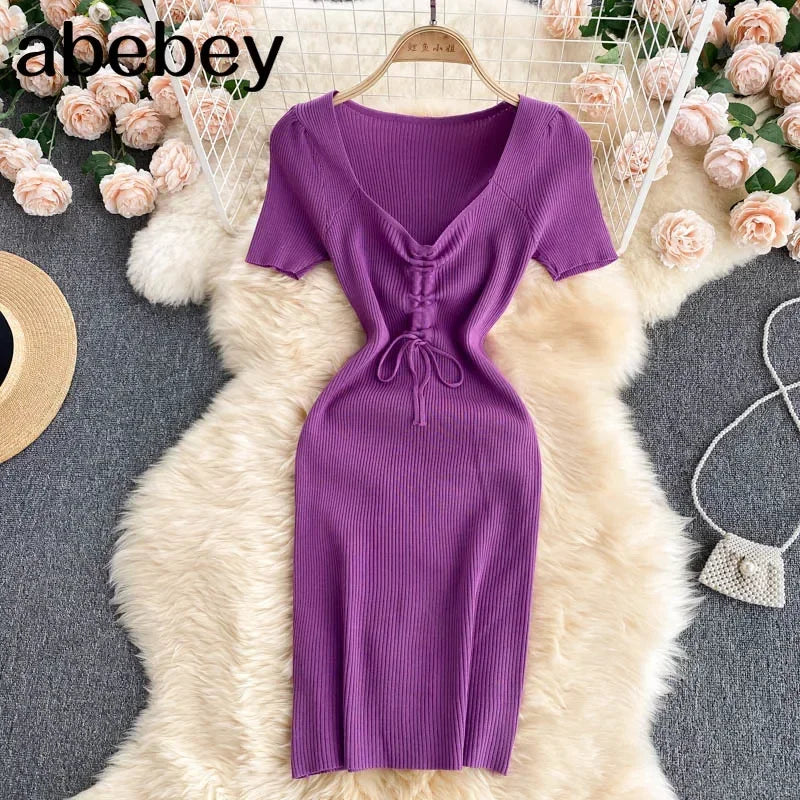 Korean Knit Bodycon Dress V Neck Drawstring Short Sleeves