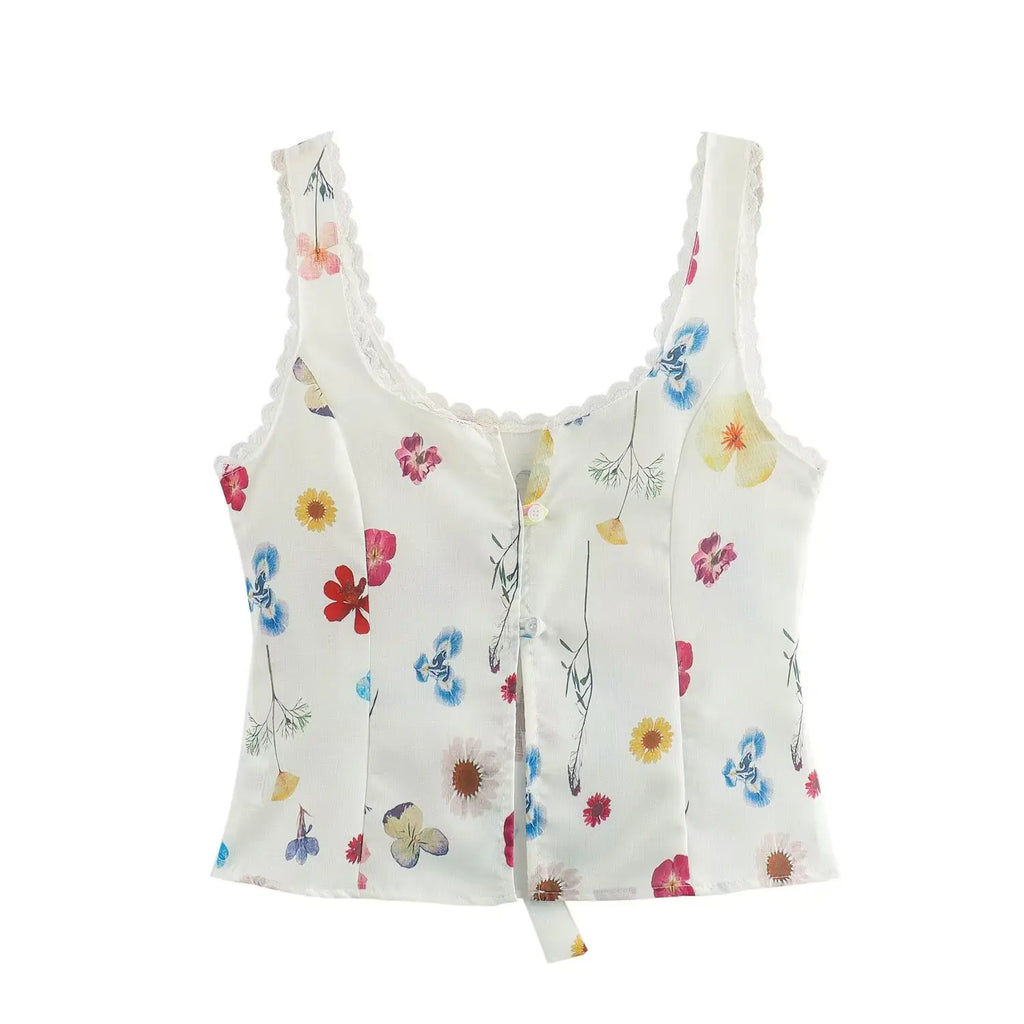 Women's Square Collar Lace-Up Slim Fit Top and Single Breasted A-Line Midi Skirt Two-Piece Set with Feminine Print