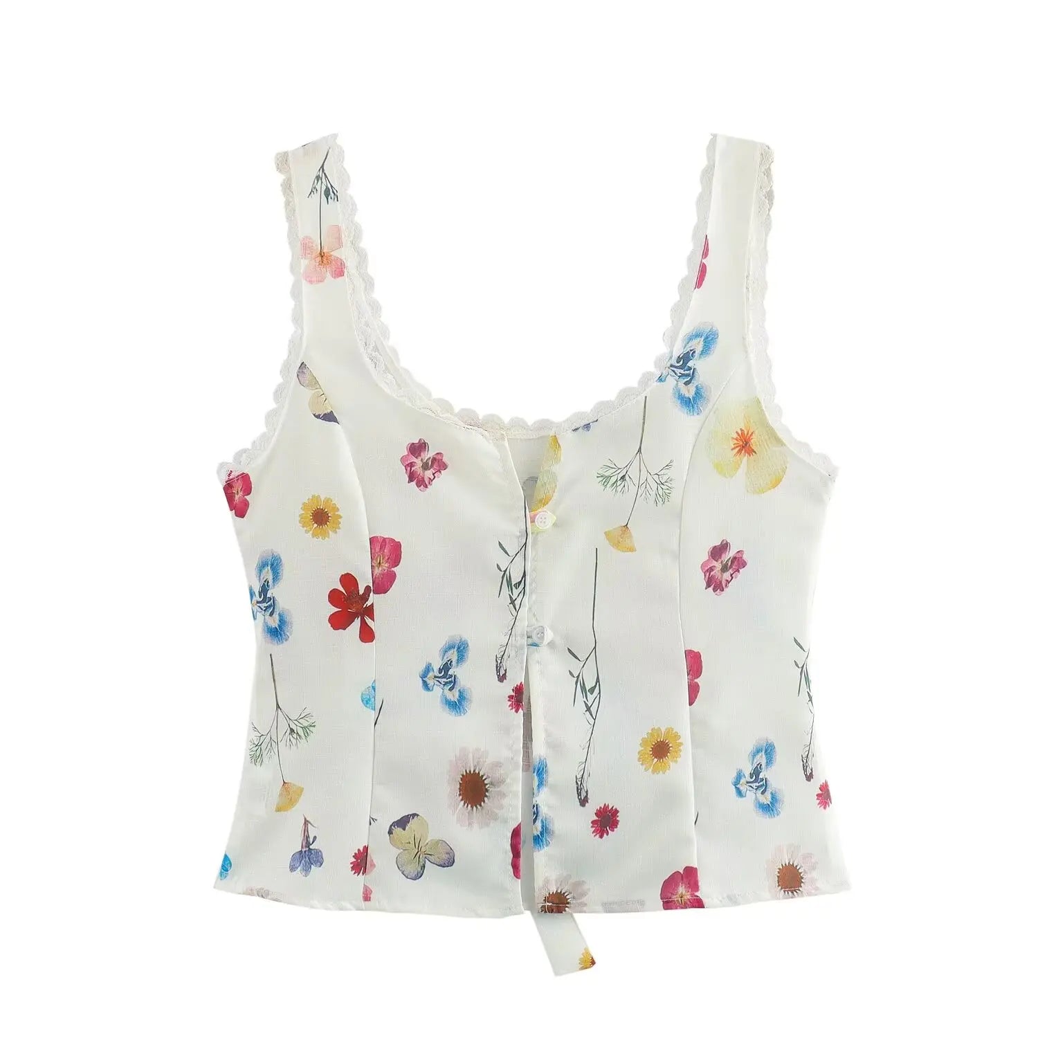 Women's Square Collar Lace-Up Slim Fit Top and Single Breasted A-Line Midi Skirt Two-Piece Set with Feminine Print