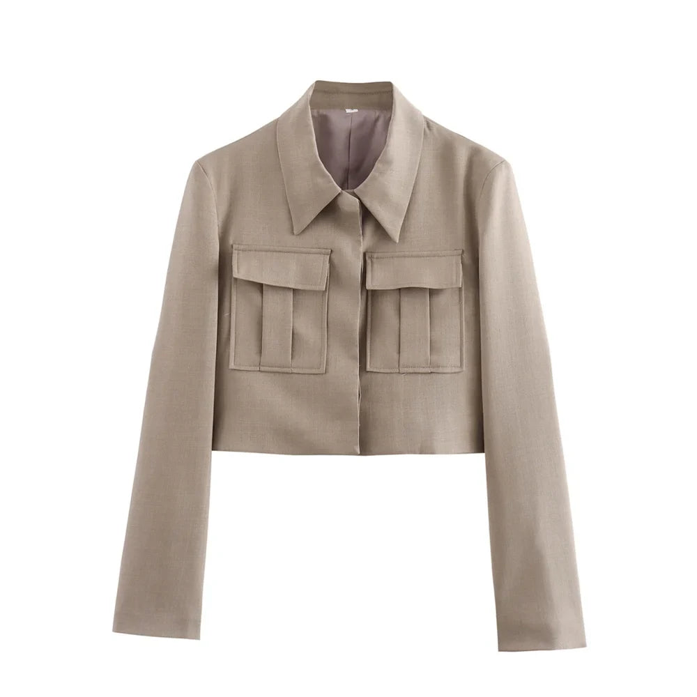 Women's Fashion Casual Double Pocket Coat and High Waist Wide Leg Pants Set