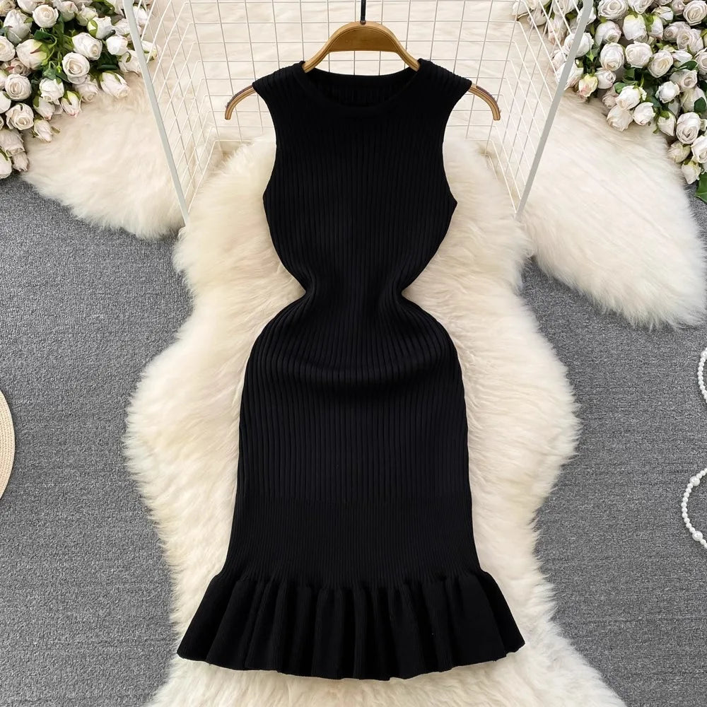 Knitted Mini Dress Women Summer Bodycon Ruffled Elegant