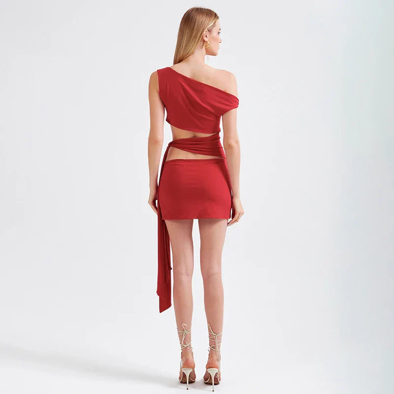 Strapless Hollow Out Short Summer Dress With Oblique Collar