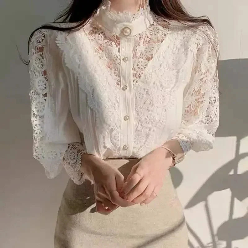 Women's Lace Petal Sleeve Blouse with Stand Collar Hollow Out Floral Patchwork Top Elegant Lightweight Shirt