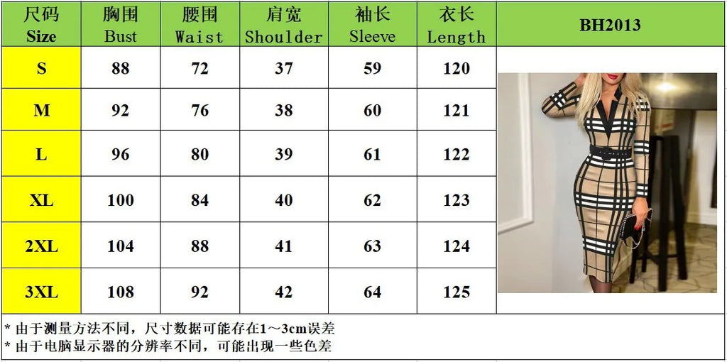 Plaid V Neck Long Sleeve Knee Length Dress For Women