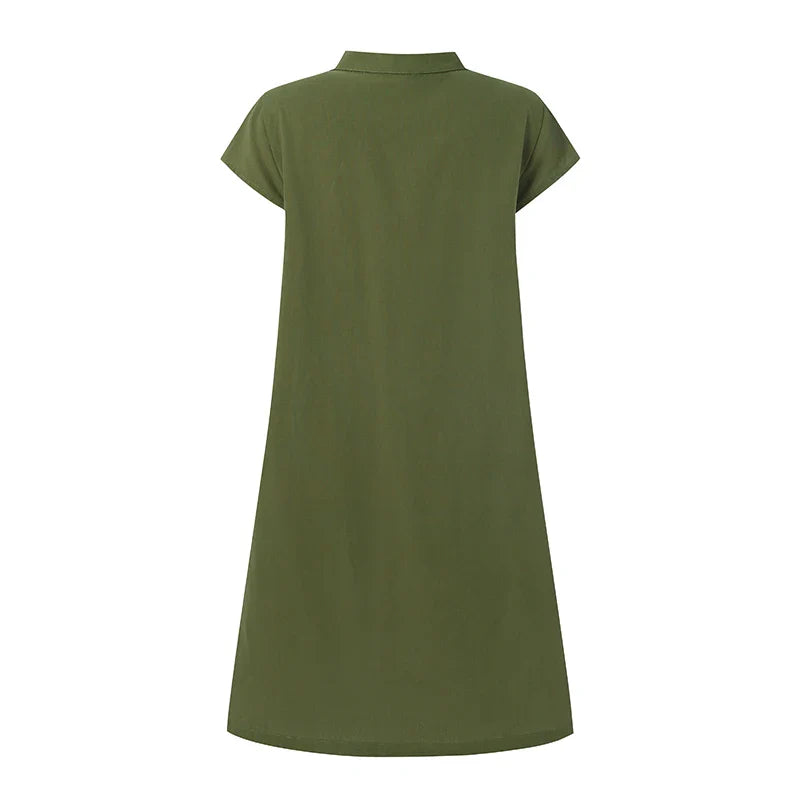 Cotton Summer Dress V Neck Short Sleeve Knee Length