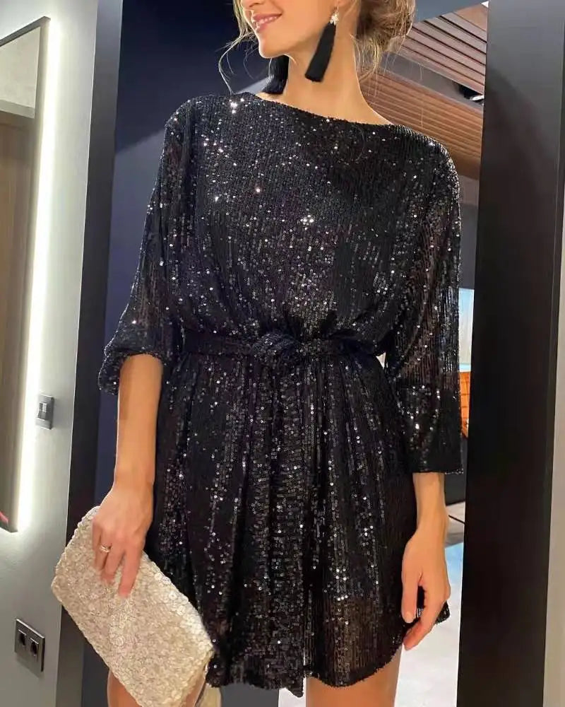 Sequin Dress Pearl Waistline Evening Cocktail Dress