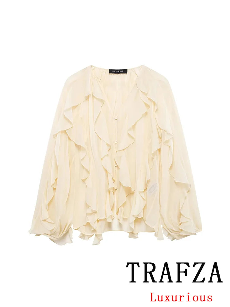 Burgundy Mesh Ruffle Blouse for Women Long Sleeve Sheer Loose Fit Elegant Party Top