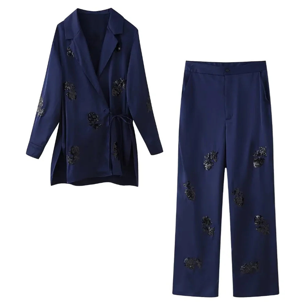 Women's Casual Polo Collar Long Sleeved Sequin Satin Kimono Coat and Bead Pants Set