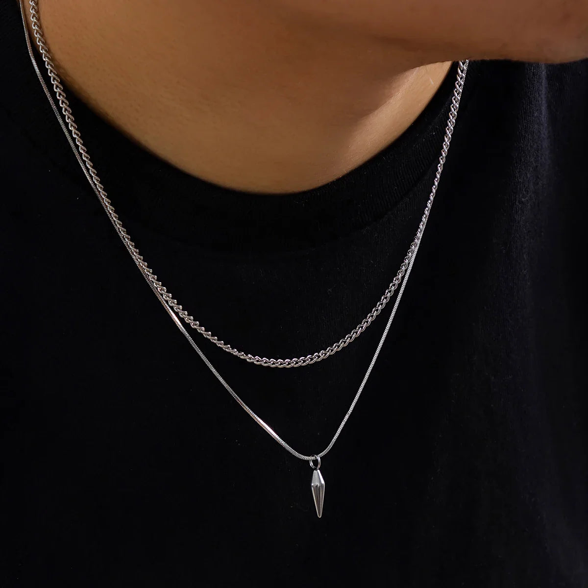 Stainless Steel Rivet Pendant Snake Chain Necklace Set for Men Punk Silver Cuban Link Choker