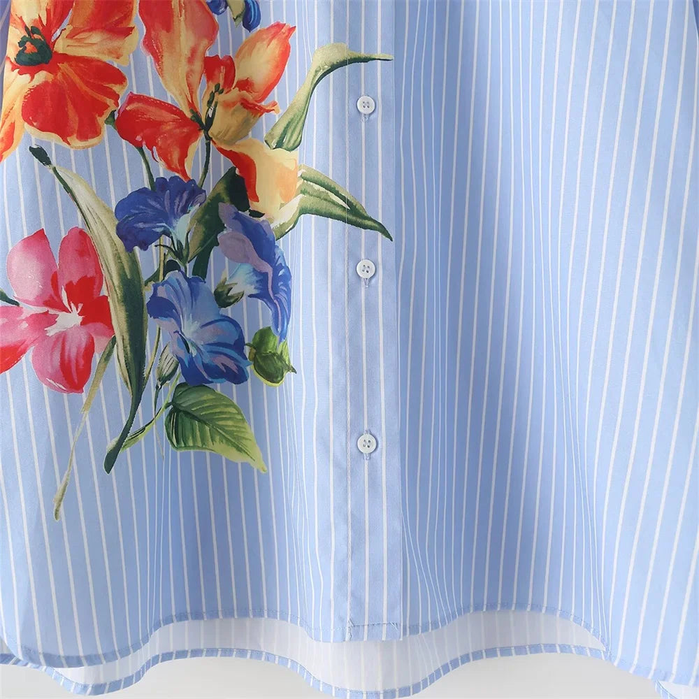 Women's Floral Print Striped Lapel Single-Breasted Long Sleeve Shirt for Early Autumn Fashion