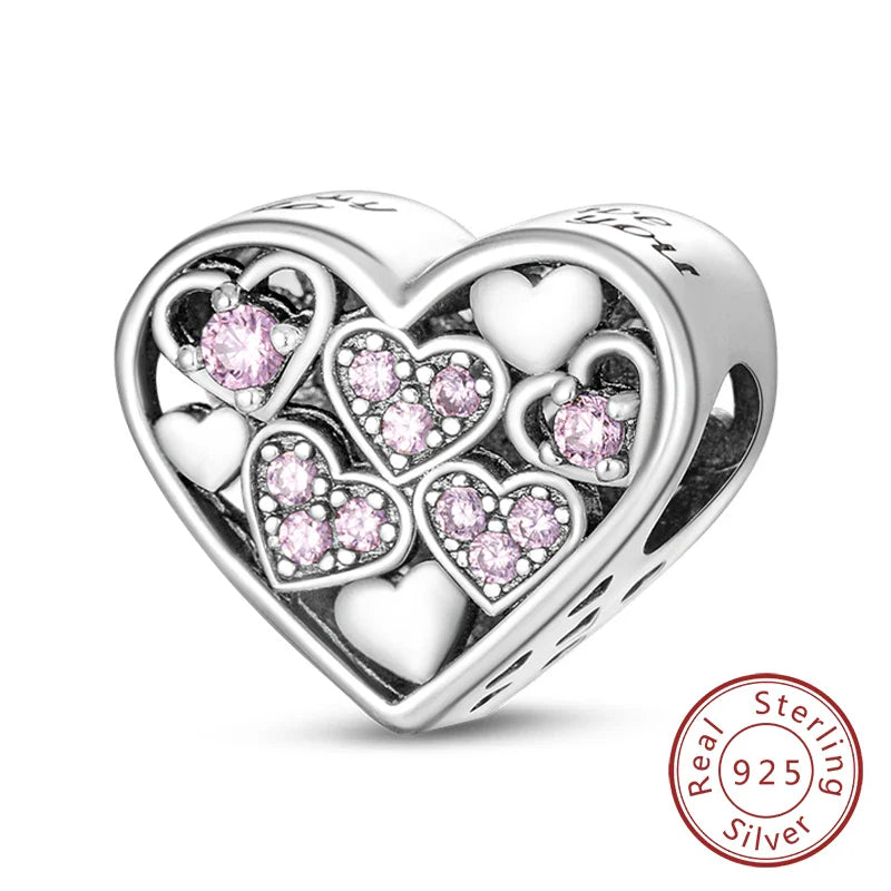 925 Sterling Silver Love Heart Family Charm Bead Pendant for Women's Bracelet Jewelry Gift