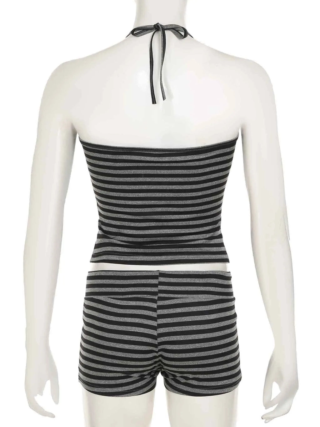 Casual Striped Two Piece Set for Women Slim Fit Backless Bandage Halter Top with Low-Waisted Shorts Summer Lounge Wear