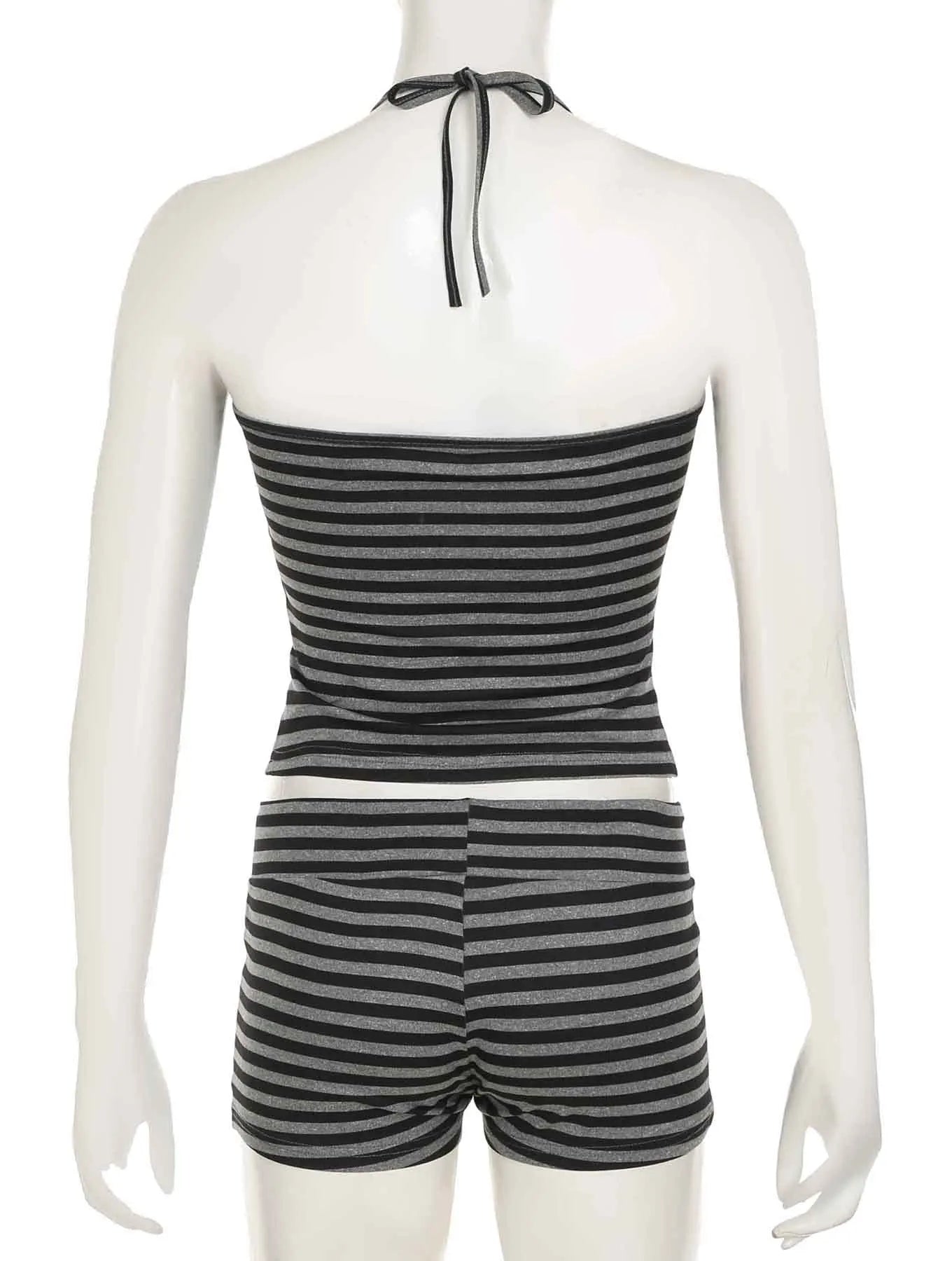 Casual Striped Two Piece Set for Women Slim Fit Backless Bandage Halter Top with Low-Waisted Shorts Summer Lounge Wear