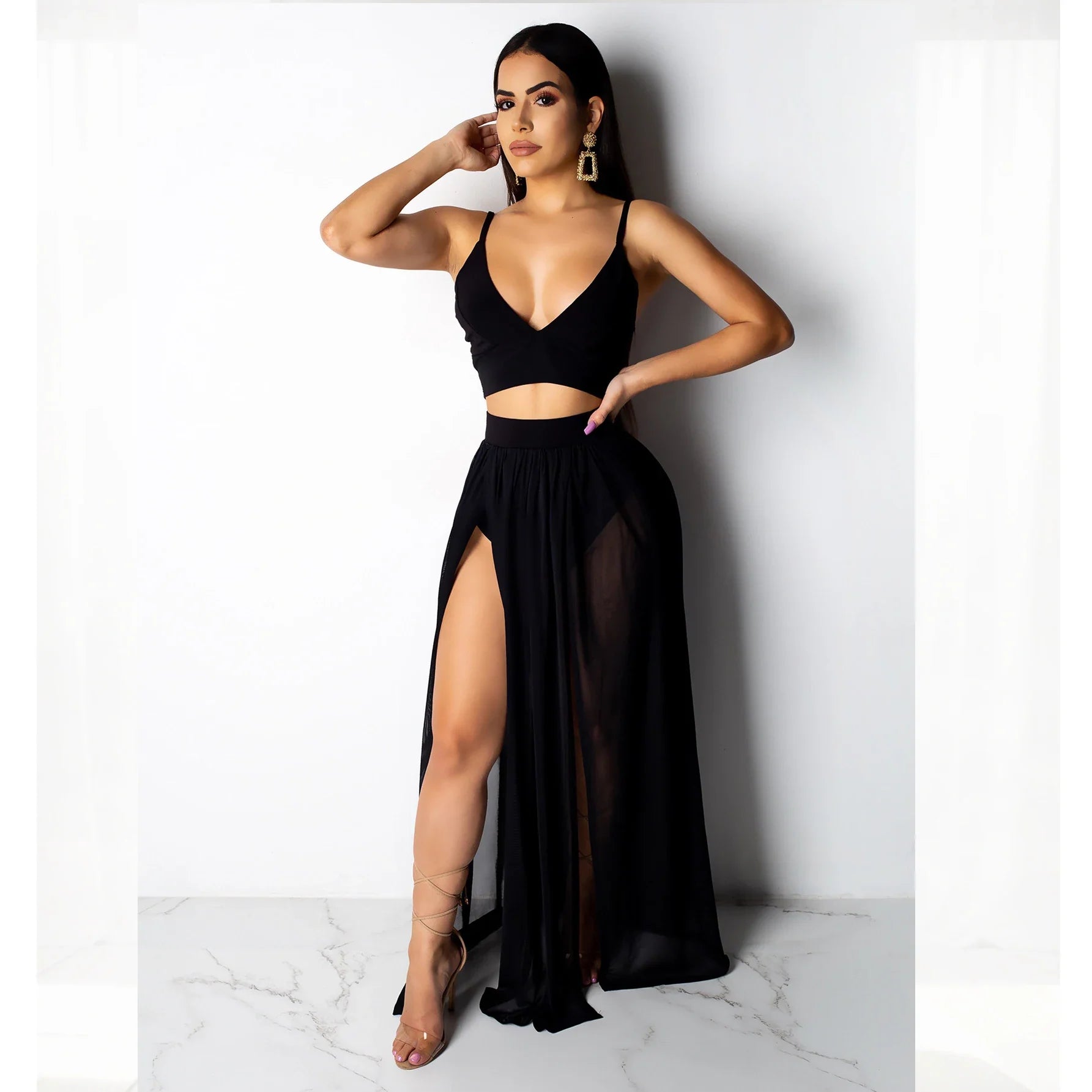Sexy Two Piece Dress Set With Chiffon Straps V Neck