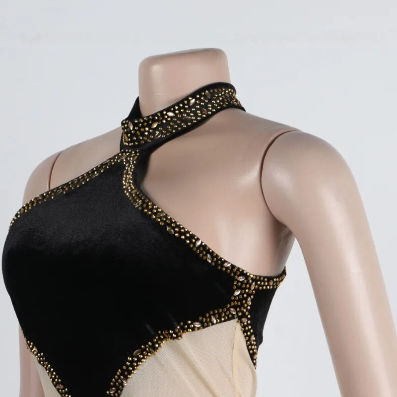 Sexy Halter Rhinestone Mesh See Through Maxi Party Dress