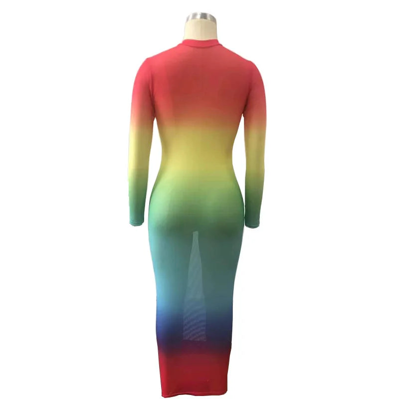 Rainbow Gradient Sheer O Neck Dress For Clubwear Nights