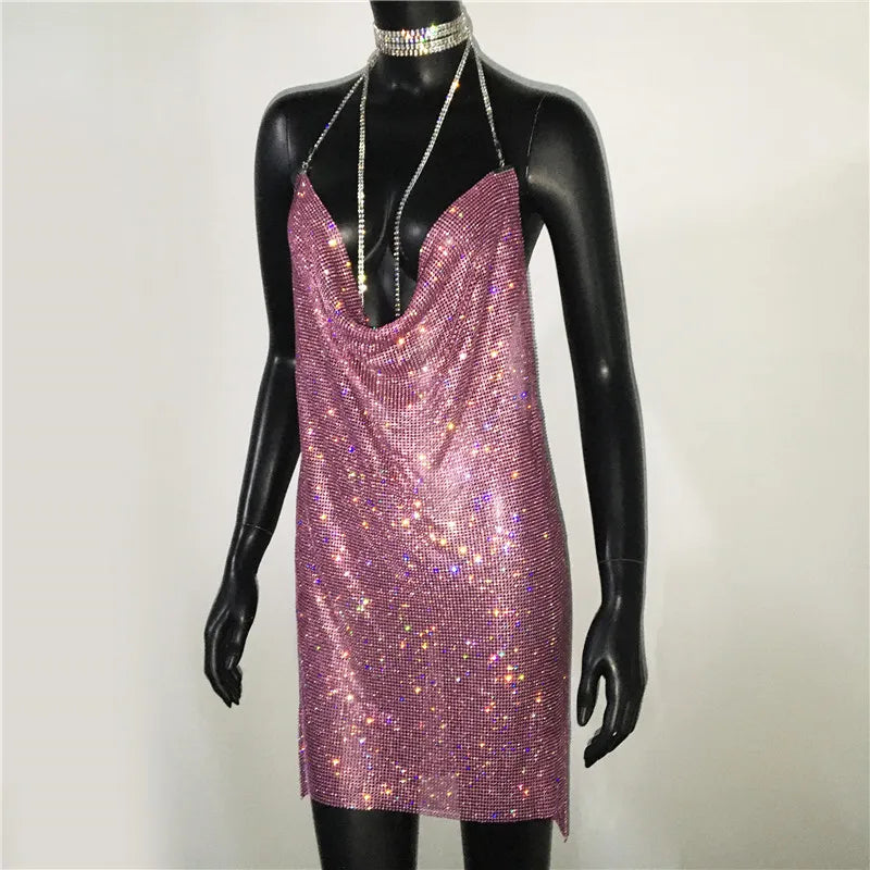 Sequin Rhinestone Backless Mini Dress For Nightclub Party