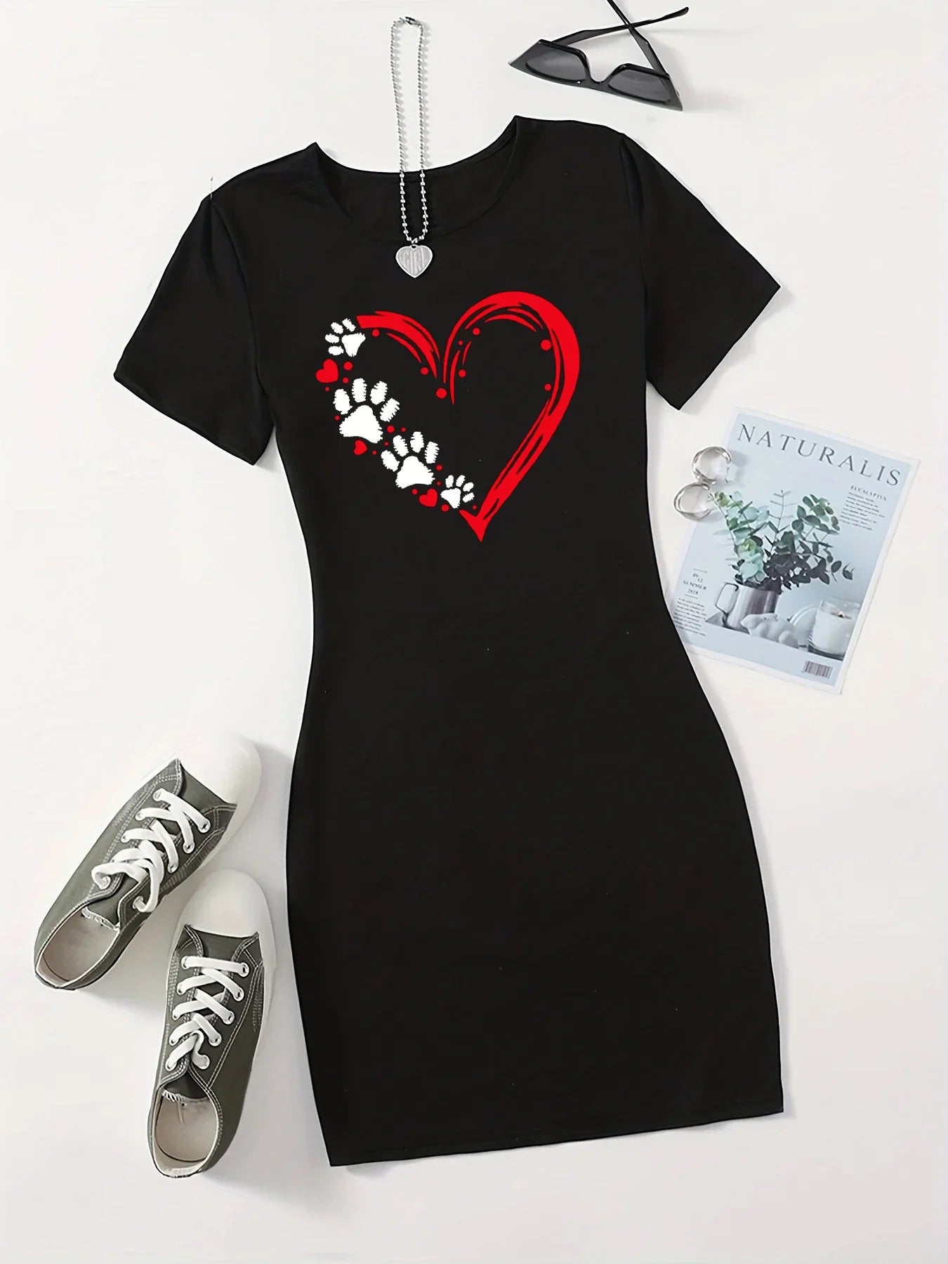 Summer Cat Print Short Sleeve Tee Dress For Women Slim Fit