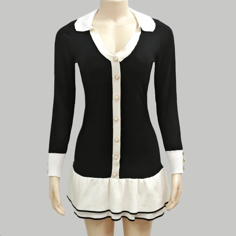 Knitted Dress With Pearl Buckle And Ruffle Edge Sleeves