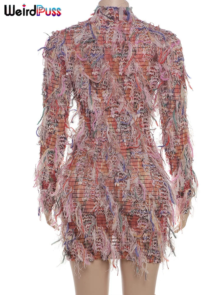 Crochet See Through Dress With Colorful Tassels Bodycon