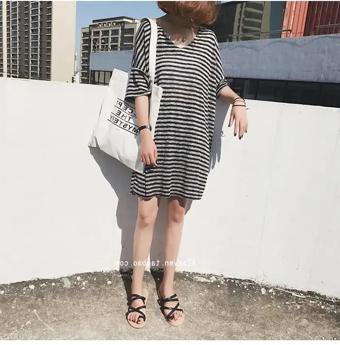 Summer Women's Striped T-Shirt Dress Loose Fit Short Sleeve Casual Tee for Home Wear