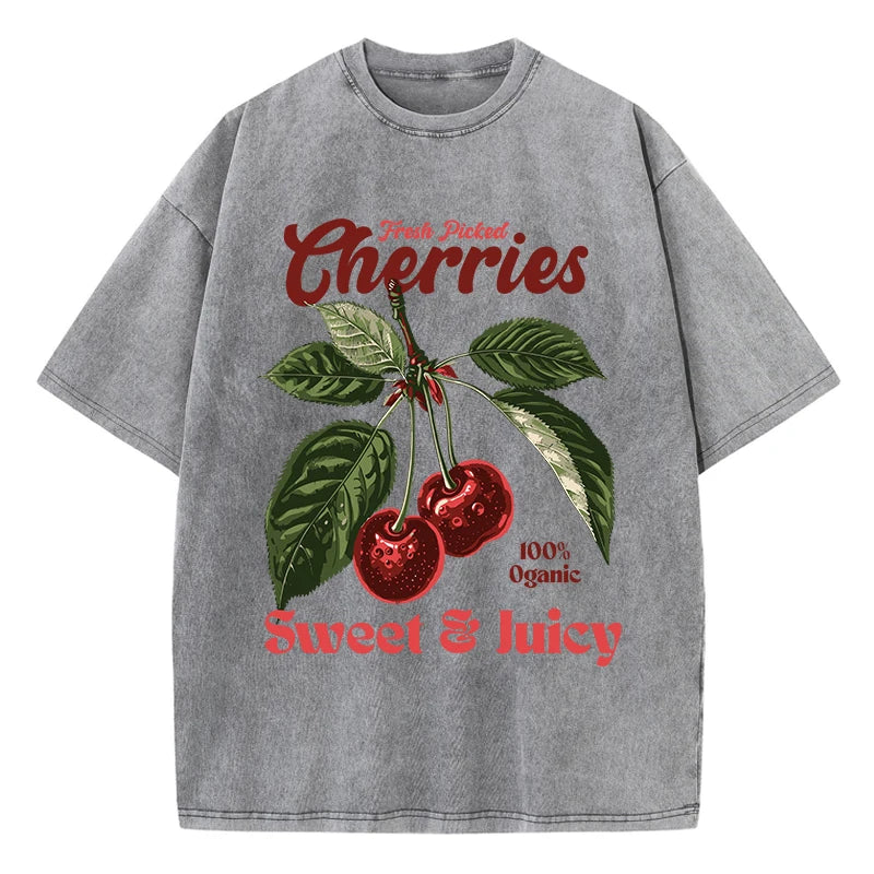 Fresh Picked Cherries Cotton T Shirt for Women with Distressed Oversized O Neck and Sweet Fruit Print Perfect for Casual Wear and Daily Life