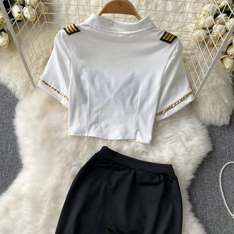 Women Sexy Lace Patchwork Hollow Skirt Suit Set with Turn-Down Collar Top Mini Skirt and Underpants 3-Piece Erotic Pajamas for Cosplay