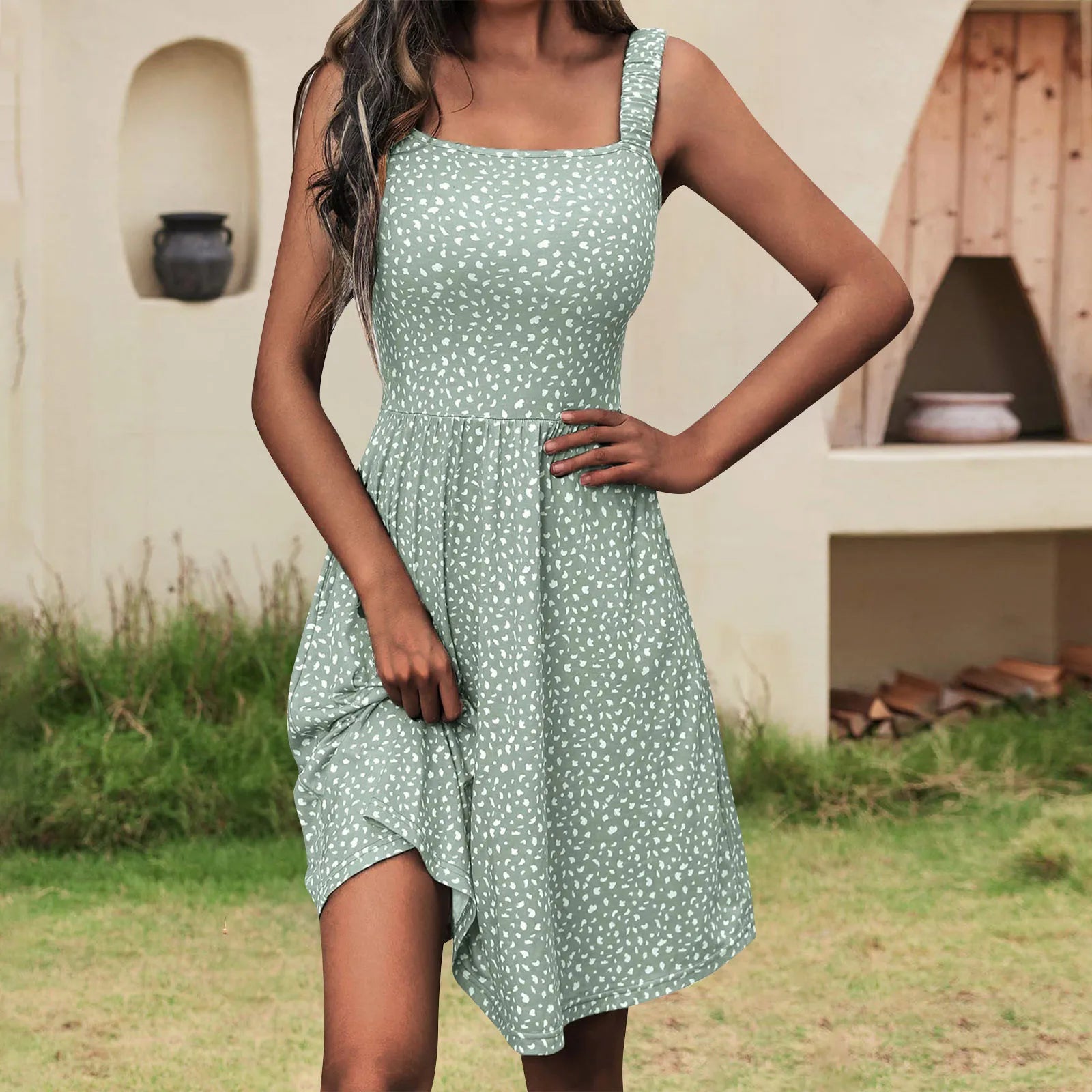Sleeveless Summer Square Neck Dress With Pockets High Waisted