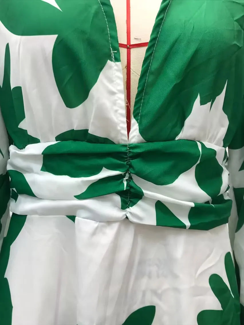 Printed Womens V Neck Lantern Sleeve Long Evening Dress