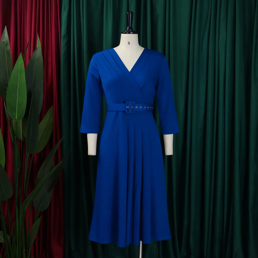V Neck Office Dress For Women Belted Pleated Mid Calf