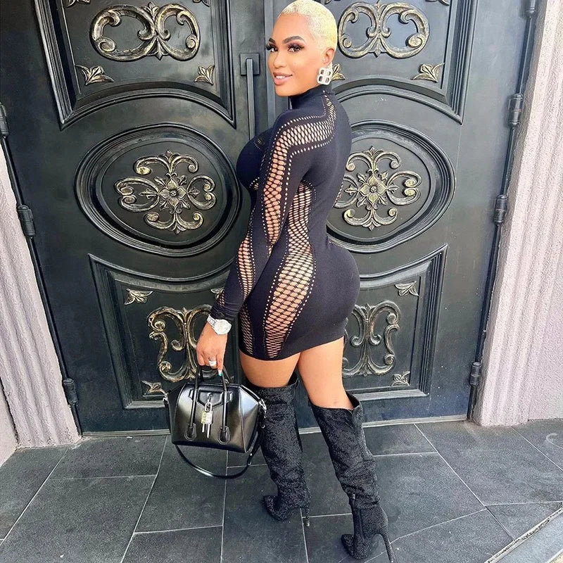 Sexy Hollow Out Mesh Long Sleeve Bodycon Mini Dress