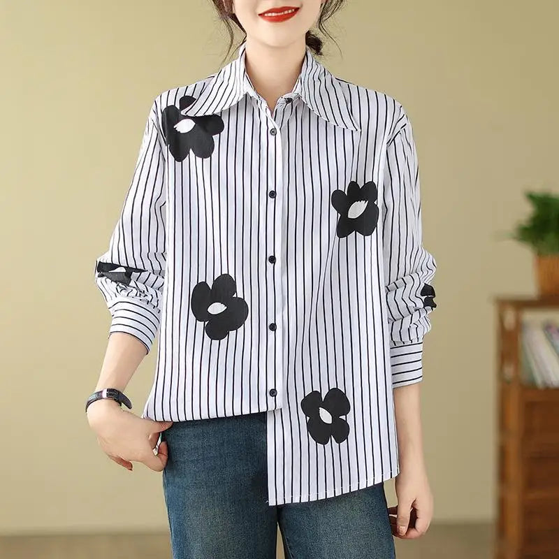 Women's Turn-Down Collar Flower Stripe Long Sleeve Loose Fit Blouse Casual Single Breasted White Vintage-Inspired Shirt Top