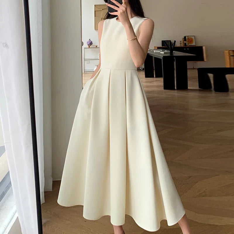 Korean Style Sleeveless Pleated Aline Maxi Sundress