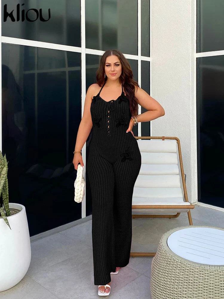 Knitted Floral Women Jumpsuit Sexy Pleated Halter Neck Bandage Low Back Skinny Overalls Trendy Solid Streetwear