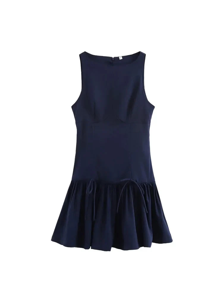 Bow Embellished Sleeveless Pleated Patchwork Dress Women