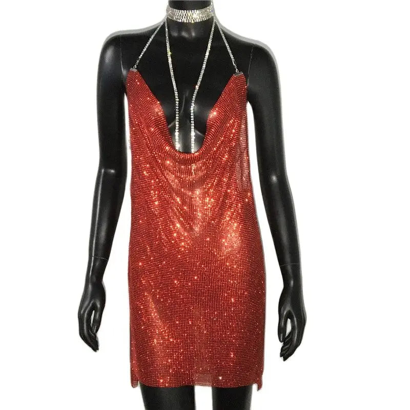 Sequin Rhinestone Backless Mini Dress For Nightclub Party