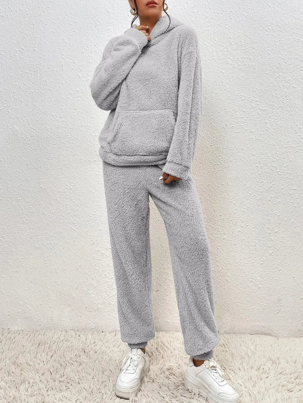 Cozy Autumn Winter Women's Casual Hooded Sweatshirt and Plush Leg Pants Two-Piece Set Warm Furry Trousers Outfit