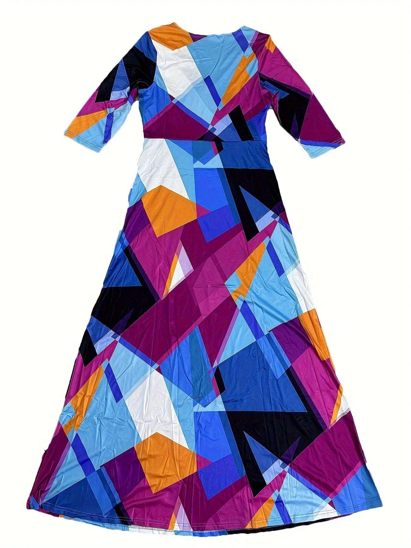 Bohemian Floral Maxi Dress With V Neck Three Quarter Sleeves