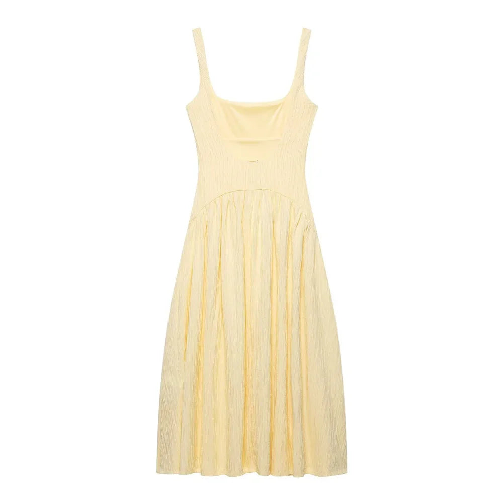 Women's Textured Midi Dress Square Neck Solid Color Design