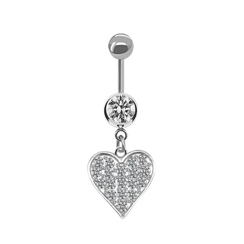 Sweet Butterfly Crown Heart Drop Belly Button Ring with Pink White Crystal Stone Dangle for Women