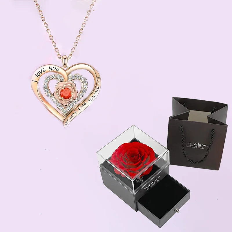 Luxury Red Zircon Pendant Necklace with Rose Flower Gift Box for Girlfriend Romantic Jewelry Gift