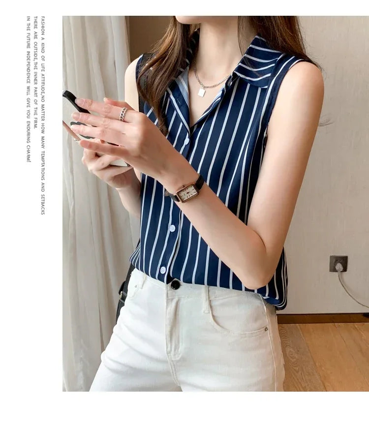 Striped Sleeveless Chiffon Blouse for Women Summer Vest Casual Lightweight Tops Basic White Shirt