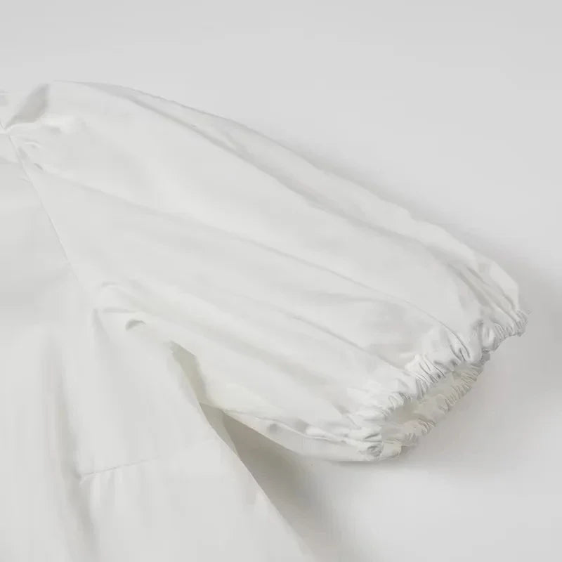 Women Bow Lace Up Puff Sleeve Blouse O Neck Sweet Casual Chic Top in White and Black