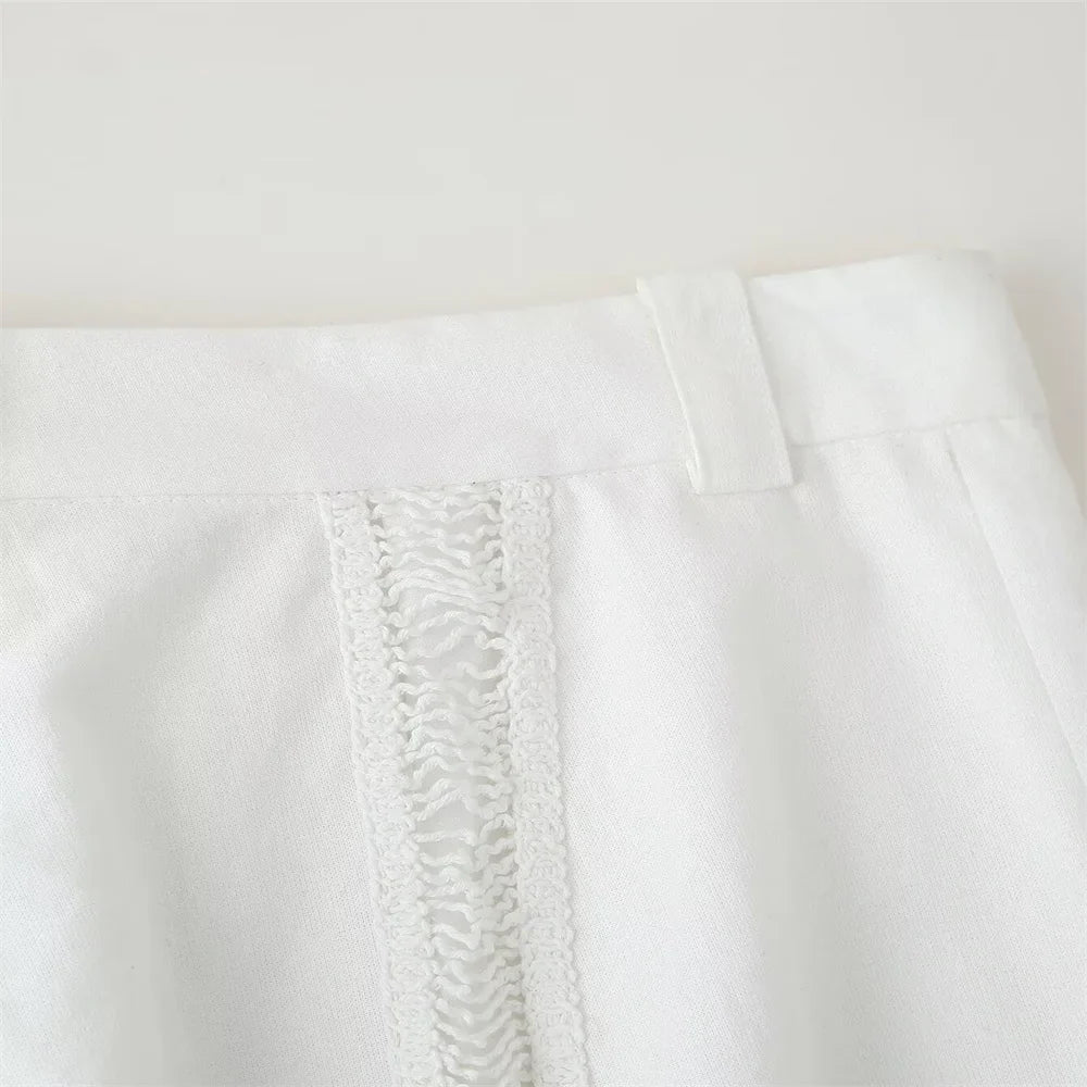 Women White Long Sleeve Blouse and Wide Leg Pants Set with Lace Trim Elegant Design