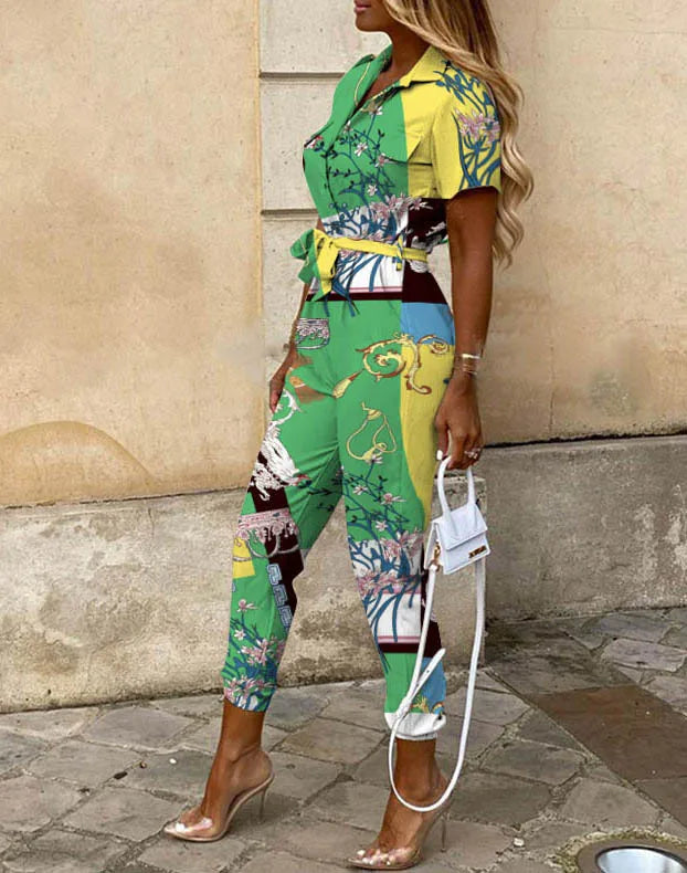 Summer Casual Women's Jumpsuit with Lapel Collar Printed Waistband and Stylish Buckle Detail