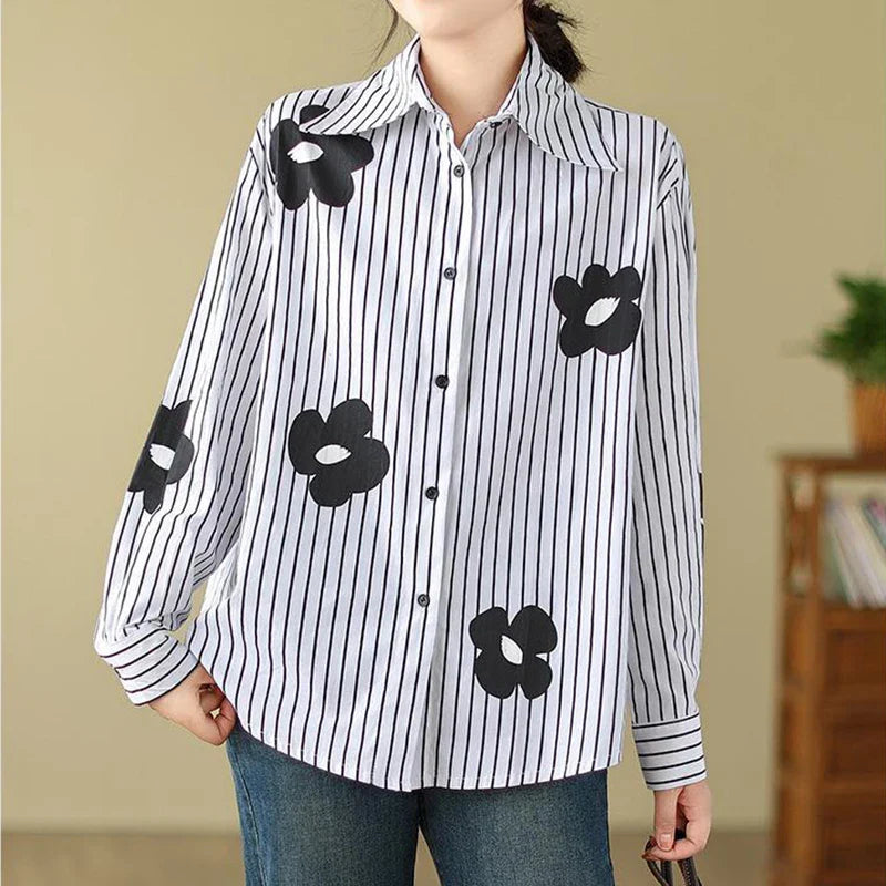 Women's Turn-Down Collar Flower Stripe Long Sleeve Loose Fit Blouse Casual Single Breasted White Vintage-Inspired Shirt Top