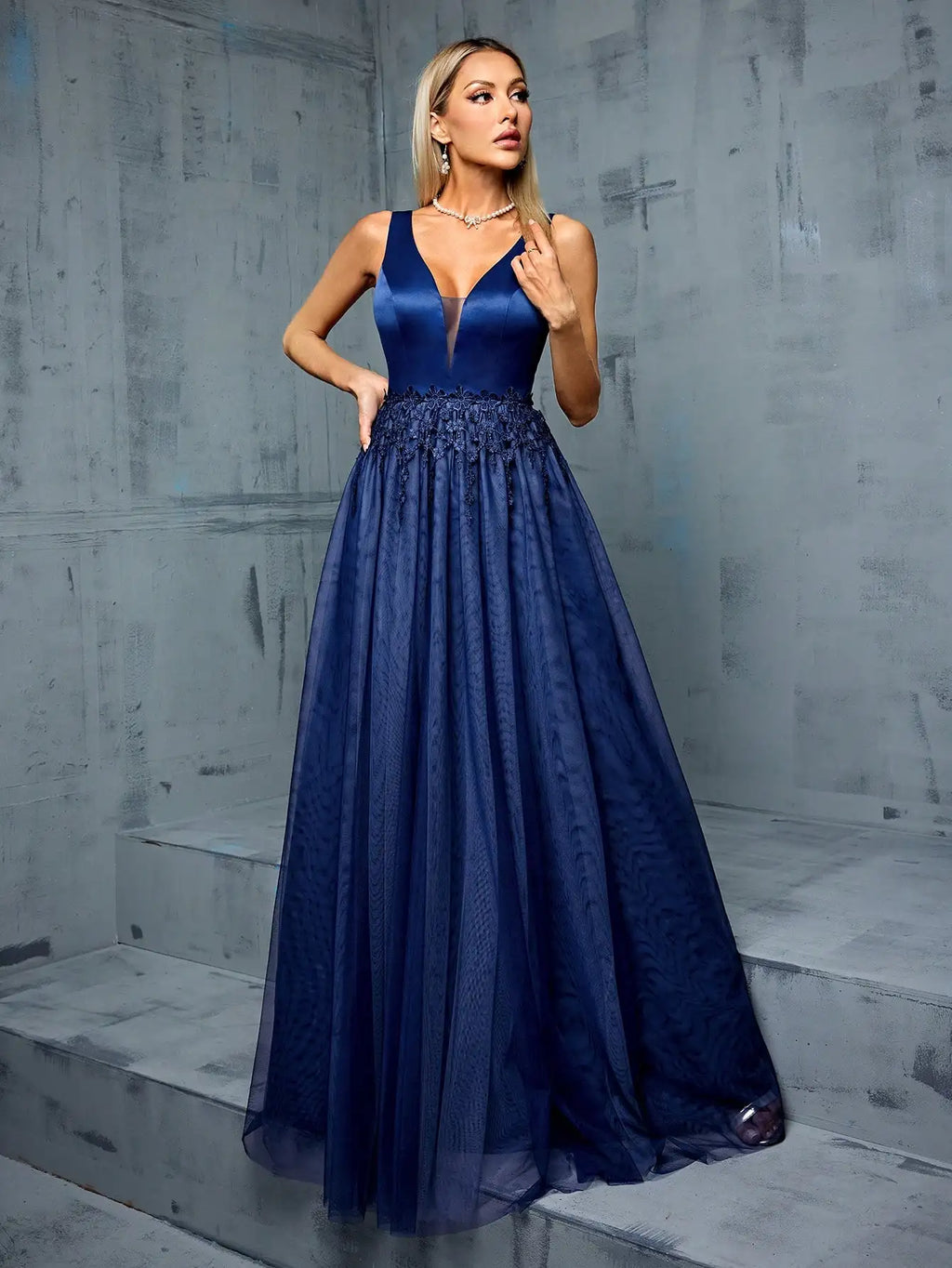 V-Neck Satin Patchwork Mesh Evening Gown With Lace Fringe