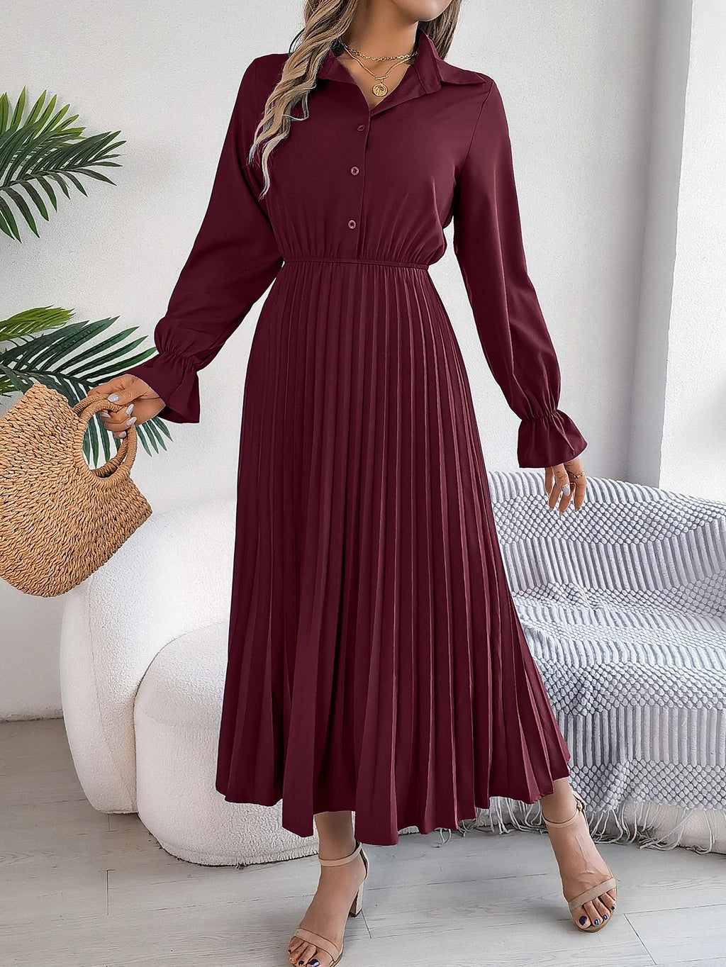 Solid Color Polo Neck Pleated Long Sleeve Dress For Women