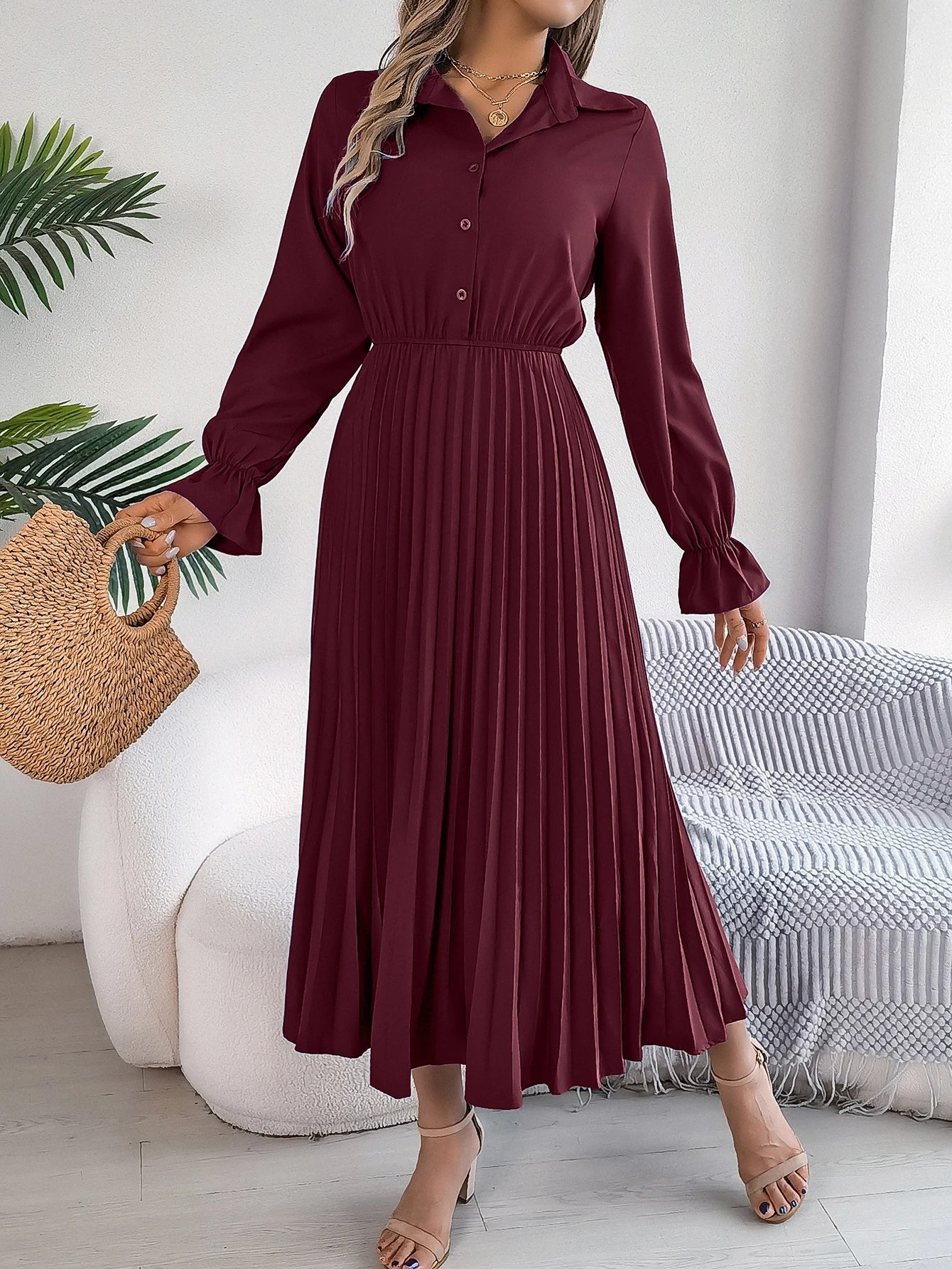 Solid Color Polo Neck Pleated Long Sleeve Dress For Women